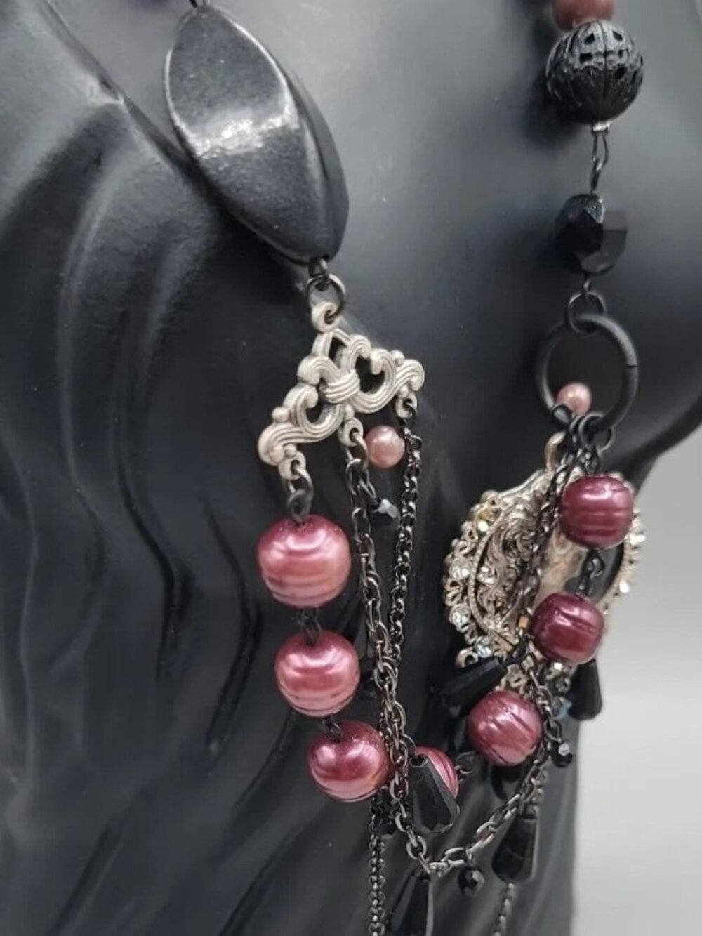 Vintage Art Deco Faux Pearl Multistrand Layered Rhinestone Beaded Chain Necklace - Picture 8 of 13